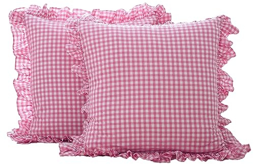 K MASANIJI Confezione da 2 federe per cuscini in cotone lavato rosa e bianco a quadretti shabby chic per letto/divano (66 x 66 cm, rosa/bianco a quadri)