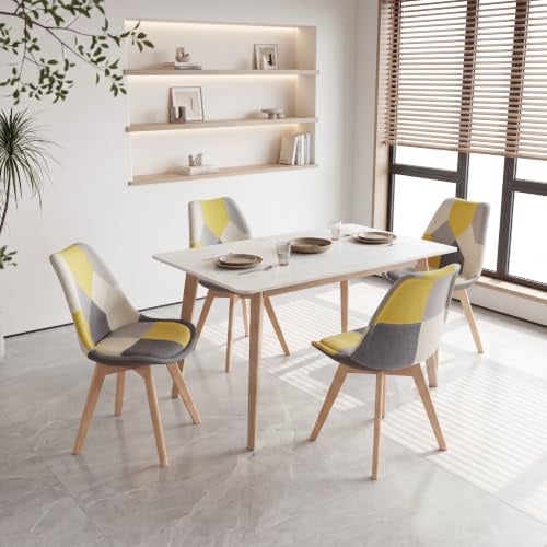 GrandCA HOME 4er Set Gepolsterten Esszimmerstuhl mit Patchwork-Stoff und Metallbeinen aus Buchenholz, für Schlafzimmer und Wohnzimmer, Küche, Gelb