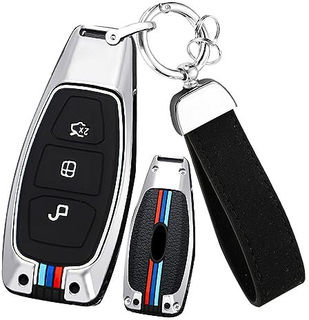 ontto Autoschlüssel Metall Hülle Passt für Ford Fiesta Ecosport Focus 3 4 ST Mondeo MK3 MK4 Ecosport Kuga Fusion Metall Autoschlüssel Etui Schlüsselhülle Schlüsselanhänger Zubehör 3 Taste-A Silber