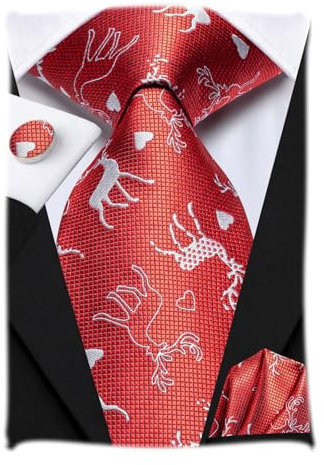 Hi-Tie Herren Weihnachtskrawatte Set Krawatte Einstecktuch Manschettenknöpfe Set Match Rentier Schneeflocke Xmas Baum Muster für Hochzeit Prom,Roter Elch