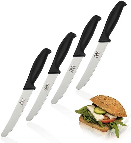 KHG 4er Set Frühstücksmesser Brötchenmesser Tomatenmesser Schwarz | 12 cm Klinge Edelstahl mit Wellenschliff | Tafelmesser Brotzeitmesser Vespermesser mit Fingerschutz