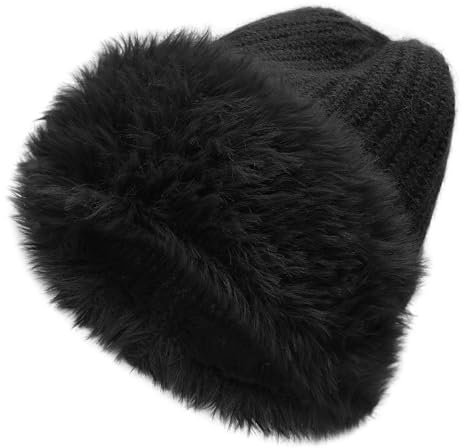 ZLYC Damen Winter Kunstpelz Slouchy Beanie Hut Warm Strickmützen(Einfarbig Schwarz)