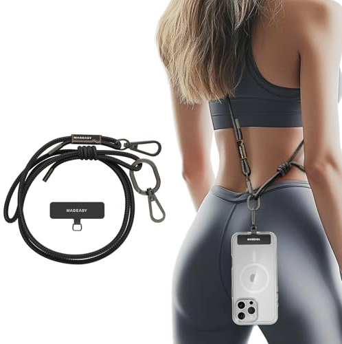 MAGEASY Universal Cell Phone Lanyard - Anti-Theft Rope Crossbody Phone Strap for iPhone 16 Pro Max & Most Smartphones, for Men & Women | 6mm Black