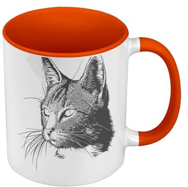 Premium Quality Colour Mug Orange – Cat Drawing Sketch Pencil Cat Domestic Art Mug with Handle and Coloured Interior