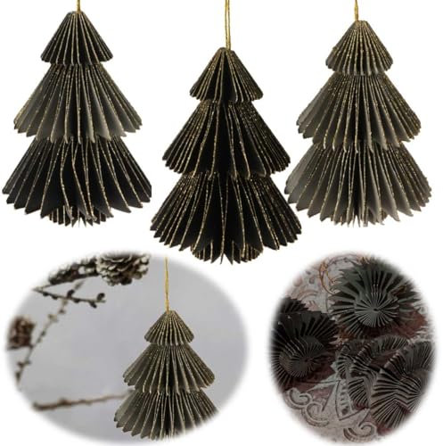 LS-LebenStil Deko-Anhänger 3X Tannenbaum Grau Anthrazit Schwarz 8cm Weihnachten Baumschmuck Wabenball Honeycomb Papier Christbaumschmuck