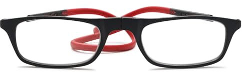 Lanomi Occhiali da lettura sottili da donna e uomo, chiusura magnetica, facile da leggere, con elastici in silicone, Braccio rosso con telaio nero, M