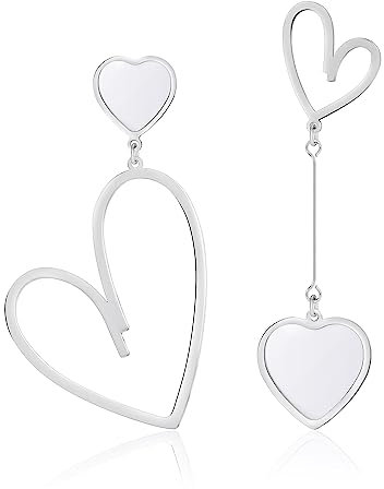 Linawe Silver Heart Earrings for Women Trendy, Titanium Surgical Steel White Dangle Earrings, Cute Fun Drop Love Earrings, Big Asymmetrical Mismatched Heart Jewellery