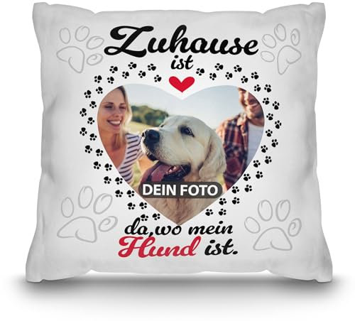 PR Print Royal Hunde-Kissen mit Foto Zuhause ist da, wo Mein Hund ist - Geschenk für Hundefreunde zum Geburtstag | Personalisiertes Geschenk, inkl. Füllung, Weiß