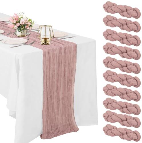 Lot de 10 chemins de Table en Mousseline Rose poudré - 1,8 m - Tissu Gaze Vintage Rustique - Chemins de Table Transparents pour décoration de Table de Mariage, fête prénuptiale, Baby Shower