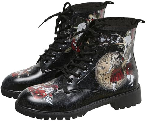 Ulalaza Stivali da donna Punta tonda Tacco largo Stivaletti con plateau gotico Stivali da combattimento da motociclista punk stringati Stivaletti corti in pelle con stampa multicolore