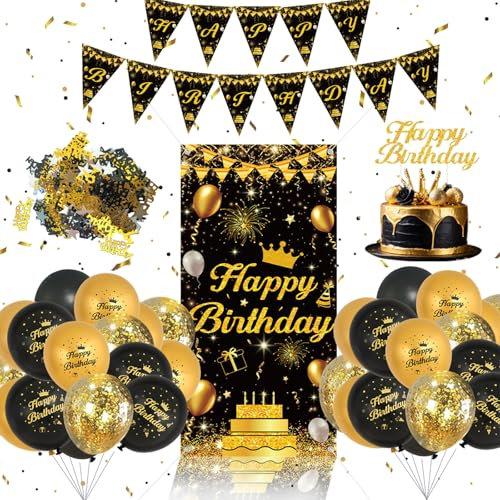 Schwarz Gold Geburtstagsdeko Set - Schwarz Und Gold Luftballons Geburtstag, Happy Birthday Banner, Happy Birthday Tortendeko Für Männer Frauen Party Deko Zubehör