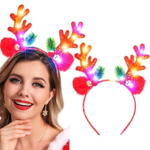 Reaky Bandeau de Noël lumineux à LED avec bois de renne rouge - Accessoires de Noël pour femme (rouge, taille unique)
