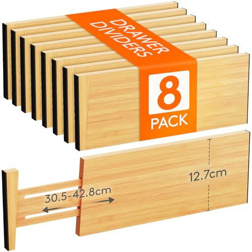 Lifewit 8 Set Schubladentrenner Natürlichem Bambus, Verstellbar Schubladen Trenner für Innenlänge 40-56cm & Höhe>12,7cm, Organizer Ordnungssystem für Küche, Kleiderschränke, Schreibtisch