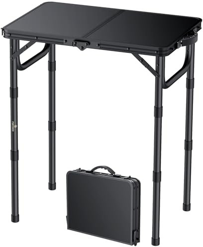 FUNYKICH Mesa Plegable de Camping, Mesa de Picnic Portátil de 3 Alturas Ajustables, Ligera de Aluminio para Exteriores con Asa de Transporte para Camping, Picnic, Barbacoa, 58x40 cm, Negro