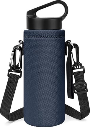 Linkidea Water Bottle Carrier with Shoulder Strap Compatible with Hydroflask Standard Mouth 18oz, CamelBak Carry Cap 20oz,Waterbottle Sling Bag Holder (Navy Blue)