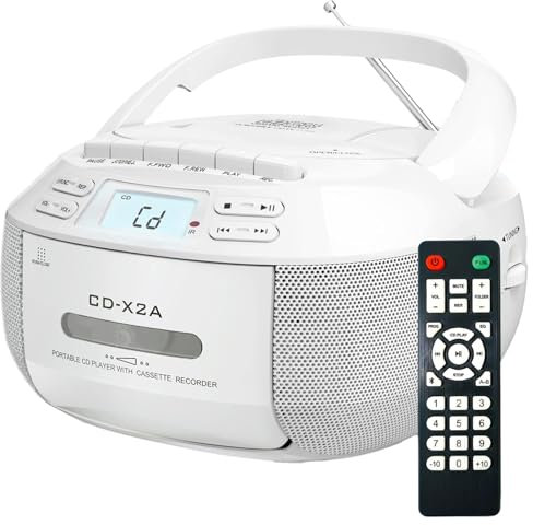 Lettore CD Boombox con Bluetooth e Cassette Combo - Radio AM FM MP3, telecomando, display a LED, lettore musicale personale portatile per uso domestico e familiare - Nero