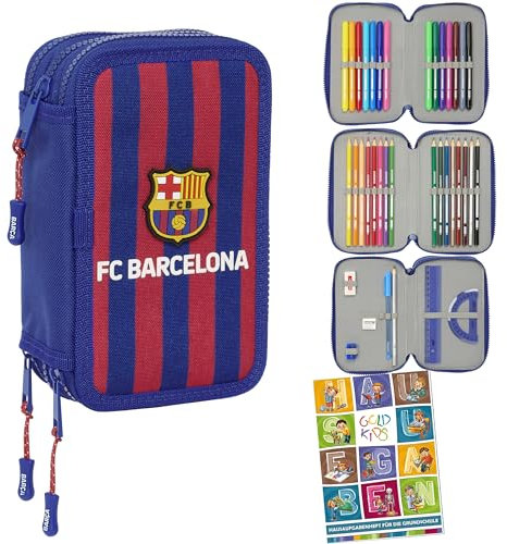 Goldkids FC Barcelona - Federmäppchen 3 Fächer - Mäppchen für Mädchen und Jungen - Federmappe 3-Fach Federtasche Gefüllte Schüleretui 36-teilig - Schulmäppchen und Hausaufgabenheft