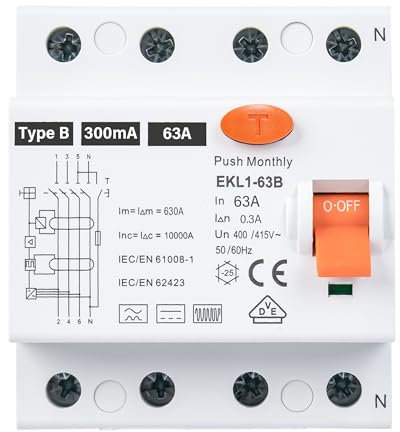 FI Schutzschalter 63A 300mA 4 Polig Typ B | VDE Geprüft | Fehlerstromschutzschalter Allstromsensitiv | Für Wallboxen & Ladestationen | RCD Sicherung