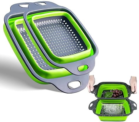 2 Pcs Collapsible Colander with Handle, Foldable Kitchen Strainer for Pasta and Vegetables, Silicone and PP Drain Basket for Fruit Washing and Food Prep
