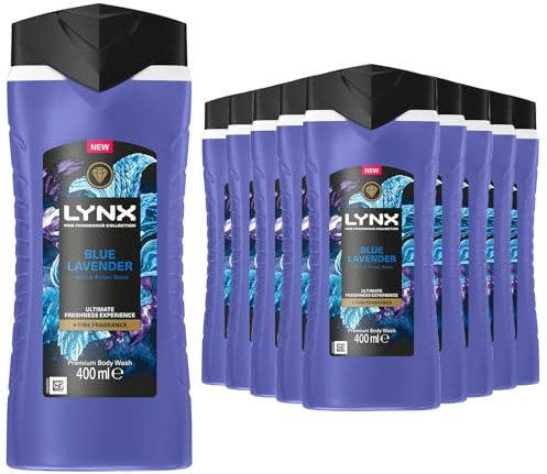 Lynx Fine Fragrance Collection Body Wash for Men Blue Lavender, Pack of 12, Premium Shower Gel Infused with Essential Oils That Gives You 12 Hours of Freshness, 400 ml