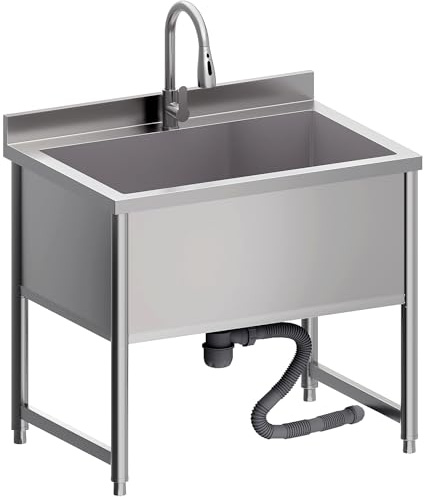 Stainless Steel Commercial Restaurant Sink, Freestanding Large Commercial Sink with Pull-out Faucet for Kitchen Dishwashing, Thawing, Pet Cleaning, Laundry Room, 35 Gallon, 23.6D x 33.5W x 36.8H