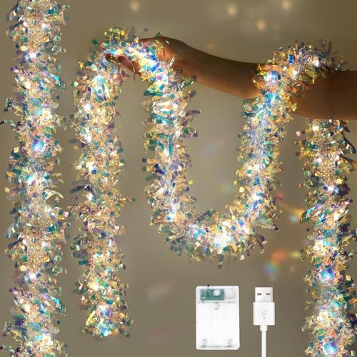 Lametta-Girlande mit Lichtern für die Innendekoration, 5M, Irisierende Lametta-Girlande mit Batterie- und USB-Betrieb, Glitzernde Foliengirlande für Disco, Geburtstag, Hochzeit,Faschingsdeko,2 Pack