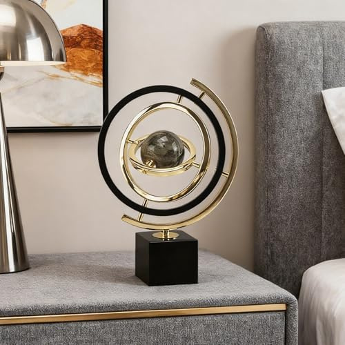 Moderne Skulptur Dekoration, Abstract Kunst Skulptur Deko Drehbarer Metall Globus Deko mit Rechteck Ständer, Schwarz & Gold Statue Dekoration für Schreibtisch, Bücherregal und Wohnzimmerschmuck