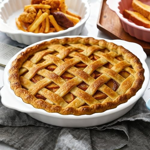 Teglia per torta in ceramica, rotonda, con manici, antiaderente, per torte, quiche, torte, forno a microonde (20 cm), adatta al microonde (bianco)