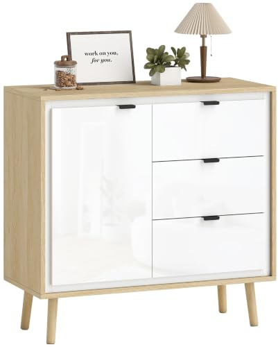 HOMCOM Aparador de 1 Puerta con 3 Cajones 80x35x77 cm Blanco Brillo y Roble | Aparador de Salón Moderno, Estante Ajustable, Patas de Madera, para Cocina, Entrada, Dormitorio