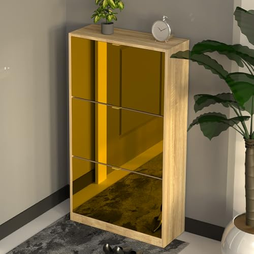 BAKAJI Scarpiera con Ante a Specchio Ribaltabili, Porta Scarpe con Ripiani a Ribalta e Maniglie, Struttura Salvaspazio Design Moderno, Ideale per Soggiorno, Ingresso, Salotto, Ufficio (3 Ante Bronzo)