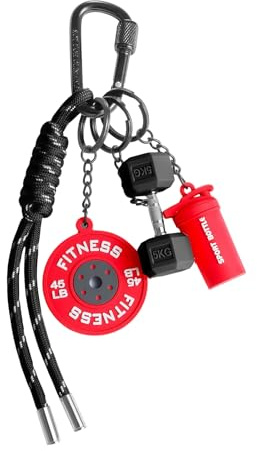Tastetreasure Fitness Schlüsselanhänger für Damen & Herren, Gym Taschenanhänger mit Mini Hantel, Hantelscheibe & Sportflasche, Robuster Seil-Schlüsselanhänger, Ideales Geschenk für Fitness-Fans