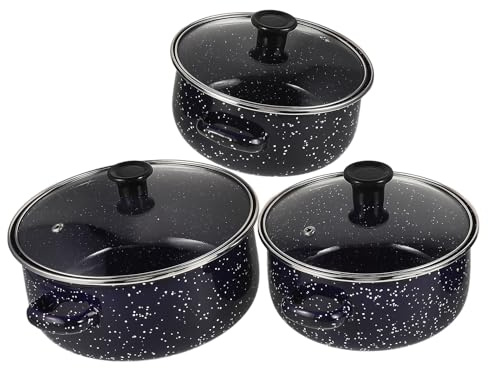 Beavorty Juego de Ollas de Esmalte Mini con Doble Asa, 3 Piezas Pequeñas, Fondo Plano Azul, para Cocinar Sopa y Guisos en Cocina Doméstica