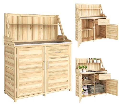 Outsunny Armadio legno giardino piano lavoro 100x45x129,5cm Naturale | Tavolo da rinvaso in metallo zincato, ripiano, cassetto, capannone da giardino esterno per balcone terrazza