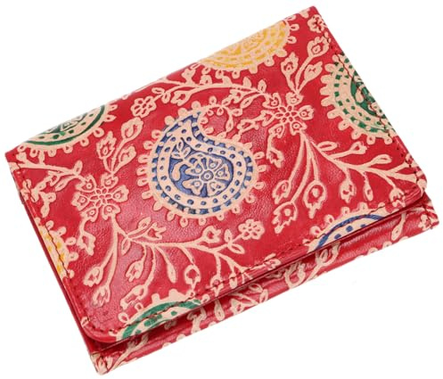 Geprägtes Lederportemonnaie, handgefertigt, Boho Geldbörse, rot/Paisley | 100 % Ziegenleder, übersichtliche Fächer, großes Münzfach, handgefertigt in Indien