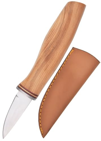 Battle-Merchant - Schnitzmesser mit Lederscheide aus 440er Edelstahl mit Olivenholzgriff - für Erwachsene Anfänger