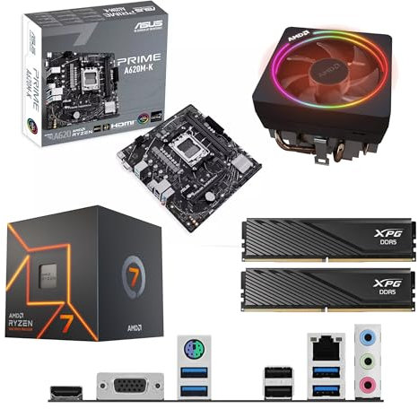 AMD Ryzen 7 7700 3.8Ghz (Turbo 5.3Ghz) 8 Core 16 Thread CPU, ASUS PRIME A620M-K Motherboard & 32GB 5600Mhz ADATA DDR5 RAM Pre-Built Bundle