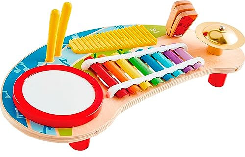 Hape Multifunktionale Miniband, Musikspielzeug für Kleinkinder mit Trommel, Xylophon, Becken, Scratchboard und Klapper