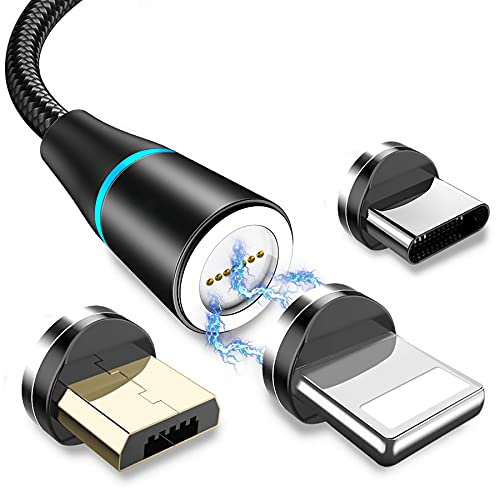 Magnetisches Ladekabel, 3 in 1, 3 A, schnelles Laden und Synchronisieren von Daten, magnetisches Kabel mit Micro-USB, Typ C, Ip-Adapter für Phone, Android Samsung, Huawei, Kindle (2 m, schwarz)