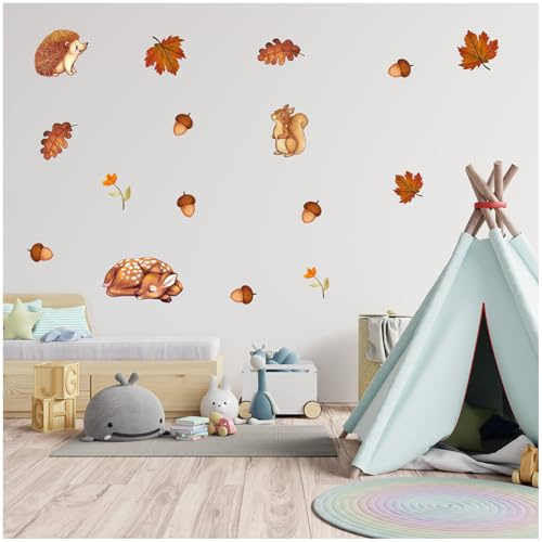 yabaduu Wandsticker personalisiert Sticker Aquarell Tiere mit Name Wandtattoo für Kinderzimmer Babyzimmer Spielzimmer Mädchen Junge Y037 (Nr. 4 Tiere im Herbst, Ohne Wunschname)