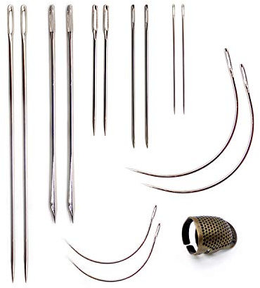 CHSEROK 2 Juegos Agujas de Cuero Coser a Mano, Con 10 Agujas de Enhebrar Rectas, 4 Agujas Curvas y Guardamanos de Metal, Agujas de Zurcir Ojo Grande, Aguja de Coser para Coser y Reparar