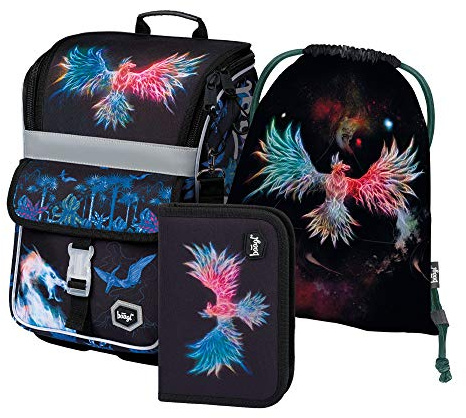 Baagl Schulranzen Jungen Mädchen Set 3 Teilig - Zippy Schultasche für 1. Klasse - Grundschule Ranzen Tornister mit Brustgurt - Ergonomischer Schulrucksack (Phönix)