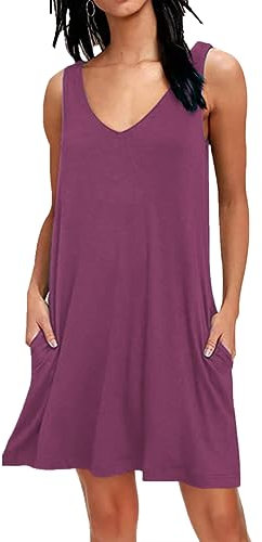 AUSELILY Femme d'été décontracté Robe sans Manches col en V Poches t-Shirt Swing Robes Mauve 2XL