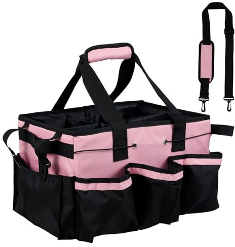KEGAJEGA Putzmittel Organizer 45x26x23cm Reinigungs-Caddy mit 15 Taschen Griff Verstellbaren Schultergurten Haushaltstasche Caddy Tasche Groß für Zuhause Auto Küche Bad Einkaufen (Rosa)