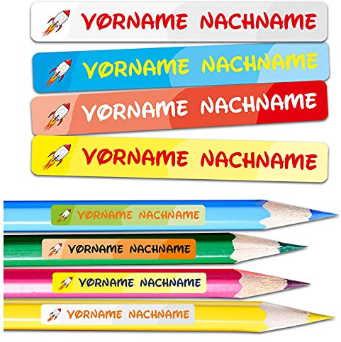 60 x Namensaufkleber Wunschname personalisiert je 4,5x0,6cm Aufkleber mit Kinder Name Beschriftung Schule Kindergarten Stifte Sticker (Nr. 28 Rakete, Für schmale Oberflächen)