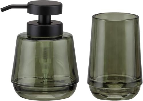 Sealskin Mood Badaccessoire-Set, bestehend aus Seifenspender 380 ml + Zahnputzbecher, Glas, Farbe: Grün