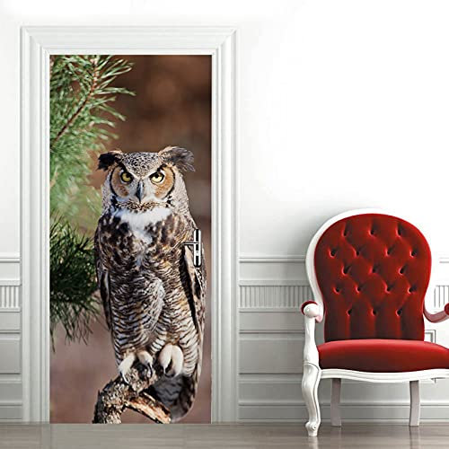 A.Monamour Türtapete Selbstklebend Türfolie Türposter 3D Bartkauz Sitzt Auf Einem Ast Und Starrt In Die Kamera Vinyl Folie Türdeko Tapete Wandbild Türaufkleber Türtattoo 90 x 200 cm