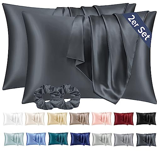 Vielit 2er Set Satin Kissenbezug 40 x 80 Dunkelgrau, Weich wie Seidenkissenbezug 40x80,Bessere Pflege als Silk Pillosecase,Satin Kopfkissenbezug Kissenhülle für Haar und Haut mit 2 Haargummis