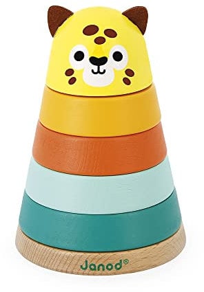 Janod - Jaguar-Stapelfigur Tropik - Entwicklungsspielzeug aus Holz - 5 stapelbare Teile - Lernspielzeug Feinmotorik - FSC-zertifiziert - Wasserfarbe - Ab 1 Jahr, J08261