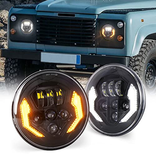 MOVOTOR 17,8 cm LED-Scheinwerfer, Defender-Scheinwerfer mit weißem Tagfahrlicht, bernsteinfarben, Blinker, Hi/Lo Beam, runde Scheinwerfer, kompatibel mit Defender 90 110 Jeep Wrangler JK JKU TJ CJ