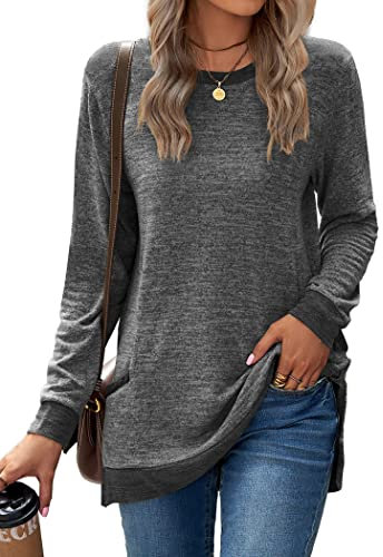 Famulily Women's Sweatshirt Color Block Cotton Jumpers Crewneck Split Side Cotton Long Sleeve Tops with Pockets Dark Grey M